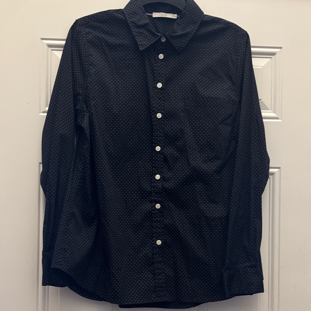Dalia navy blue Button Down Shirt with mini white polka dots size large